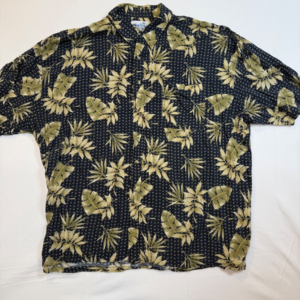 Sun Casuals Mens 3X Rayon Hawaiian Shirt Tropical Leaf Navy Green Short Sleeve